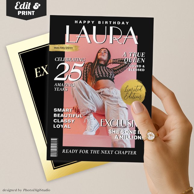 Modern Birthday Custom Magazine Cover, Portrait  (Modern Birthday Custom Magazine Cover, Portrait Foil Invitation Black and Gold )