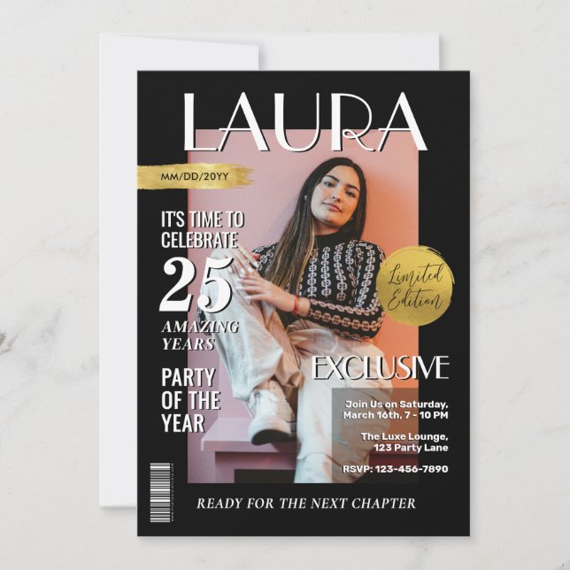 Modern Birthday Custom Magazine Cover, Portrait  Invitation (Front)