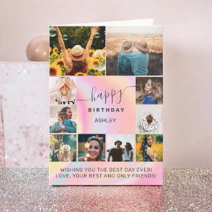 Modern birthday girly marble 11 photo collage grid card