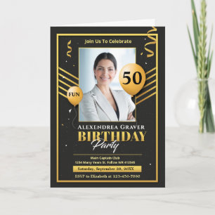 Modern Birthday Gold Black 50th Photo Party Card