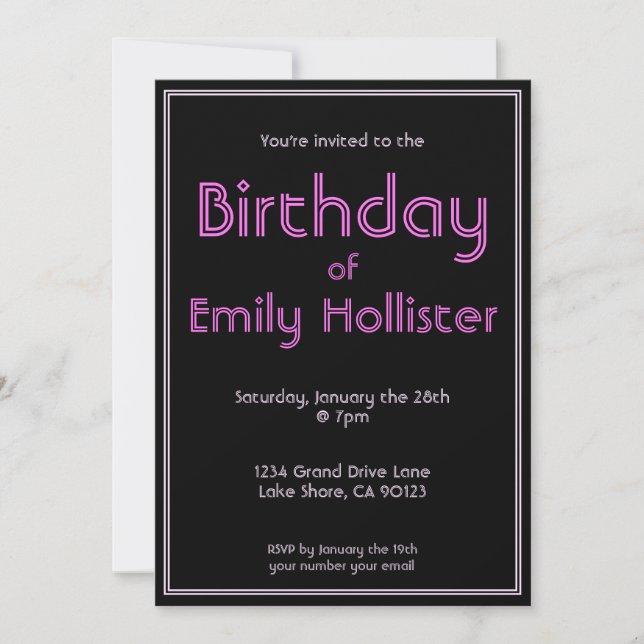 Modern Birthday Invitation | Black Pink & White (Front)