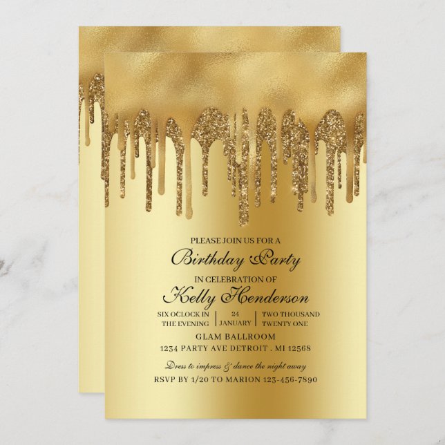 Modern Birthday Party Dripping  Gold Personalised  Invitation (Front/Back)