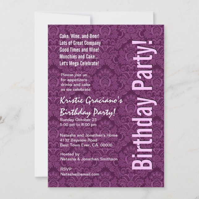 Modern Birthday Purple and Pink Damask Template (Front)