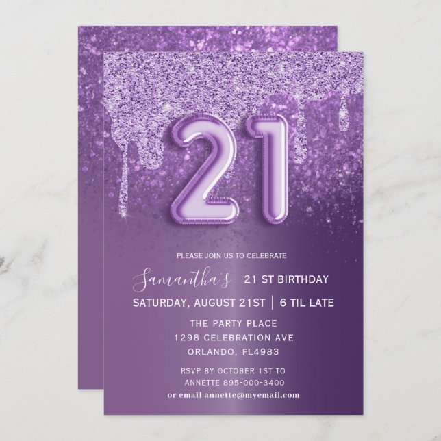 Modern Birthday Purple Glitter Balloon  Invitation (Front/Back)
