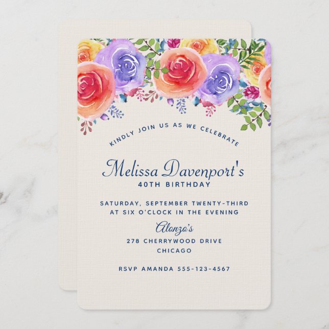 Modern Birthday Watercolor Floral Bouquet Invitation (Front/Back)