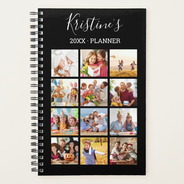 Modern Black 12 Photo Collage White Script 2024 Planner (Front)