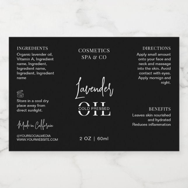 Modern Black 2 OZ Cosmetic Bottle Waterproof Label (Single Label)