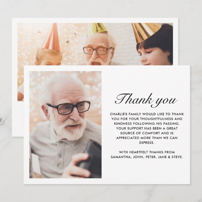 Modern Black 2-Photo Elegant Script Funeral Thank You Card (Front/Back)