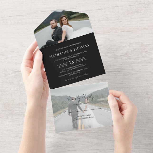 Modern Black 2 Photo RSVP Wedding All In One Invitation (Tearaway)