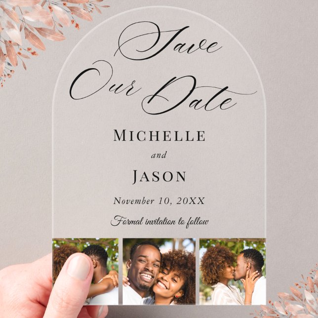 Modern Black 3 Photo Strip Wedding Save the Date Acrylic Invitations (Creator Uploaded)