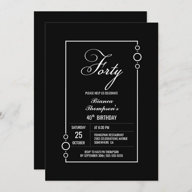Modern Black 40th Birthday Party Invitation (Front/Back)