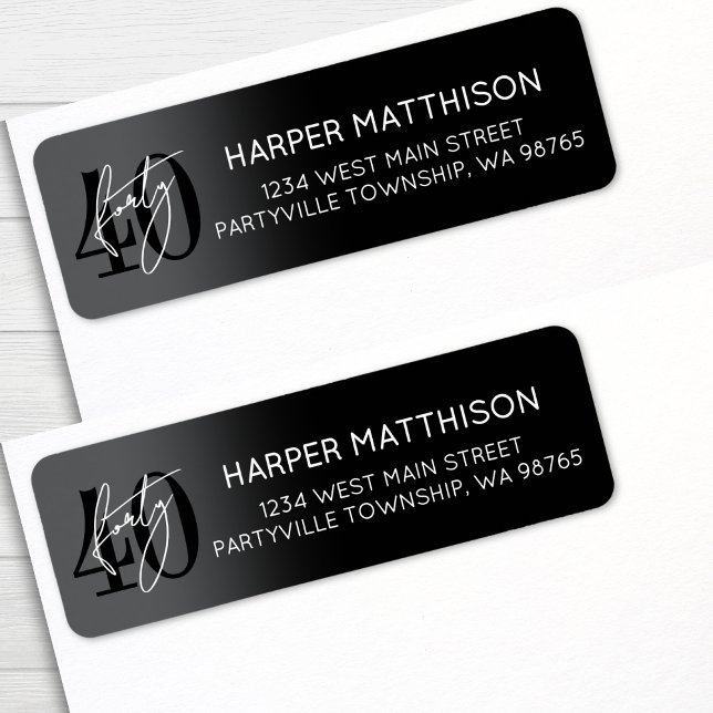 Modern Black 40th Birthday Party Return Address Label (Modern Black 40th Birthday Party Return Address label)