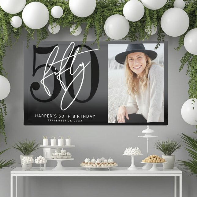 Modern Black 50th Birthday Party Banner (Modern Black 50th Birthday Party Banner)
