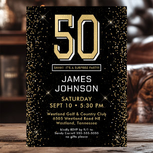 Modern Black 50th Birthday Photo Surprise Party Invitation