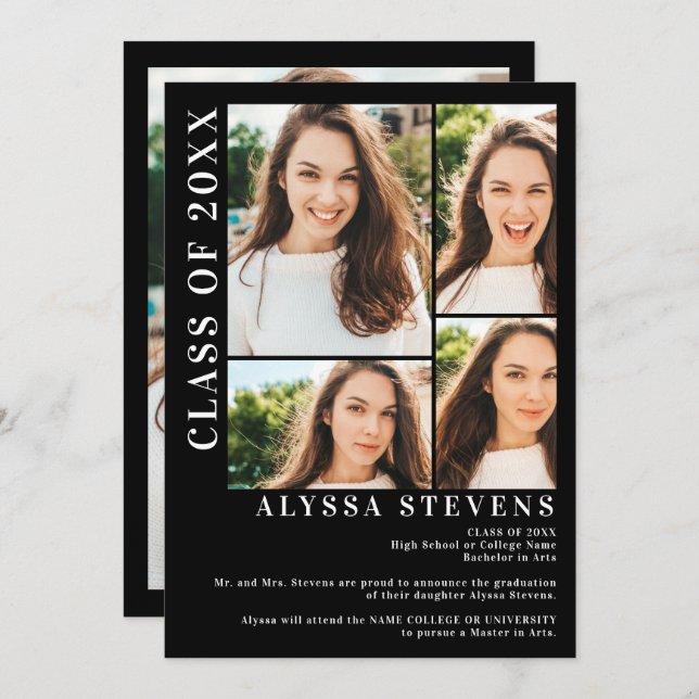Modern black 5 photo grid graduation invitation (Front/Back)