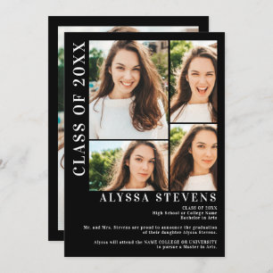 Modern black 5 photo grid graduation invitation