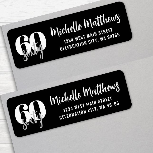Modern Black 60th Birthday Party Return Address Label (Modern Black 60th Birthday Party Return Address label)