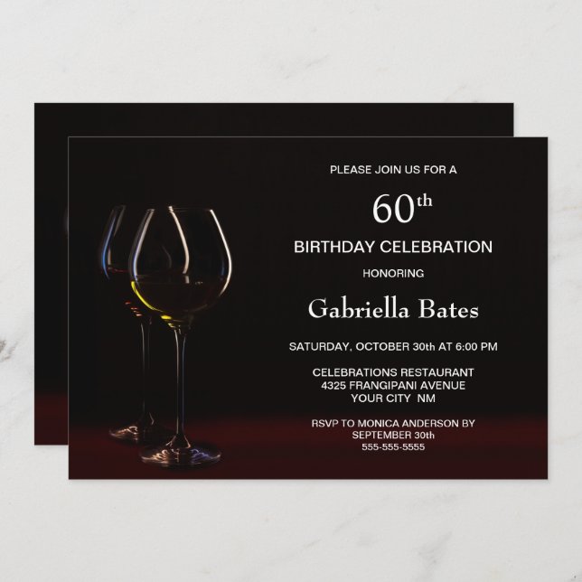 Modern Black 60th Birthday Wine Glass Party Invitation (Front/Back)