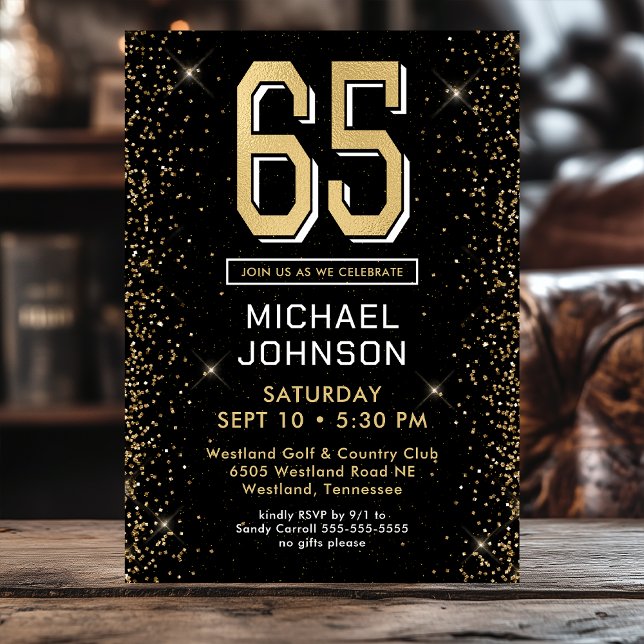 Modern Black 65th Birthday Photo Invitation (Creator Uploaded)