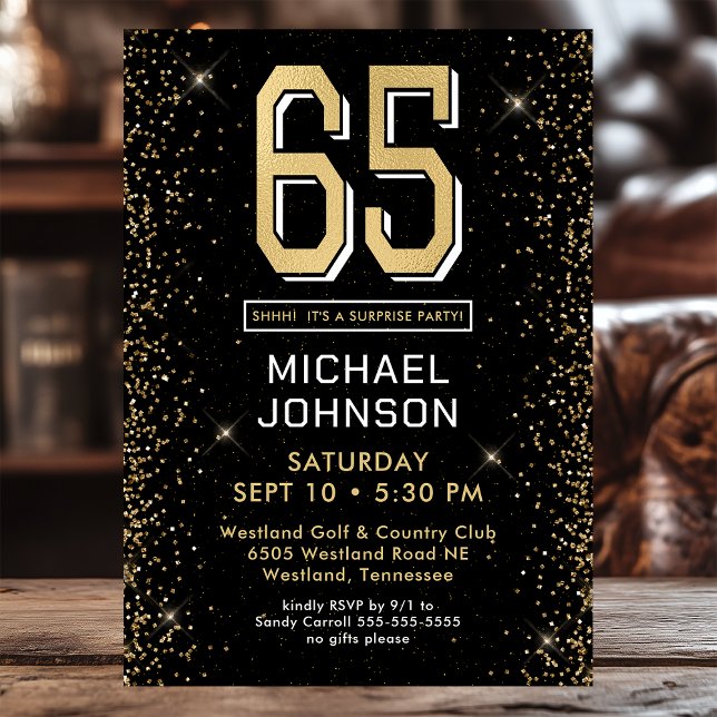 Modern Black 65th Birthday Photo Surprise Party Invitation (Creator Uploaded)