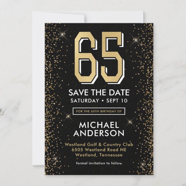 Modern Black 65th Birthday  Save The Date (Front)