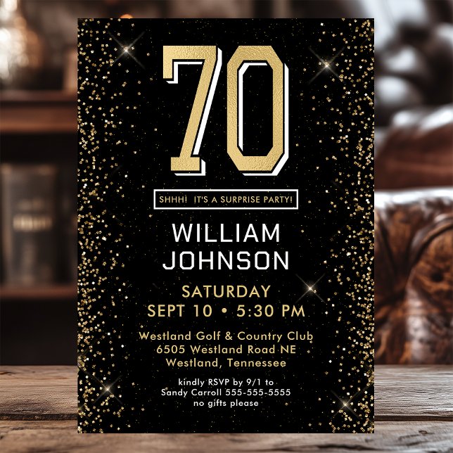 Modern Black 70th Birthday Surprise Party  Invitation (Creator Uploaded)