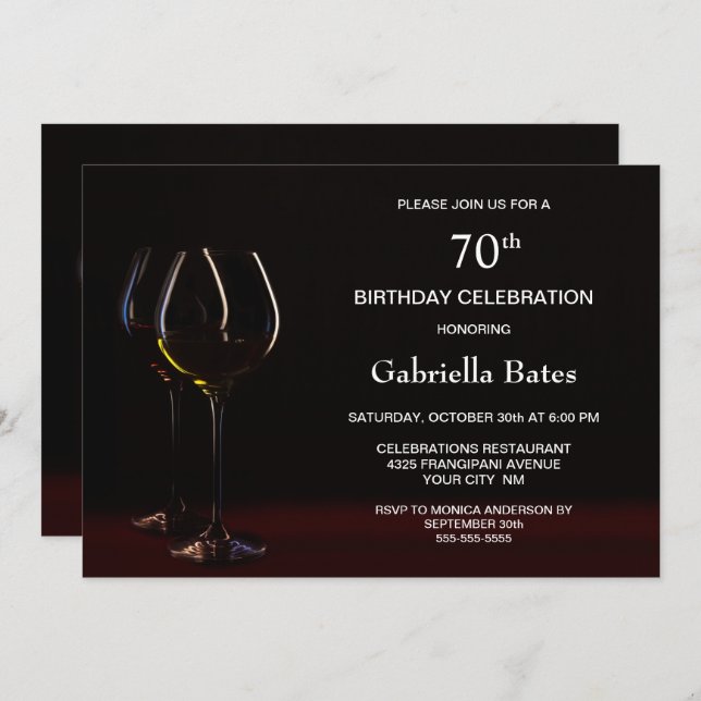 Modern Black 70th Birthday Wine Glass Party Invitation (Front/Back)