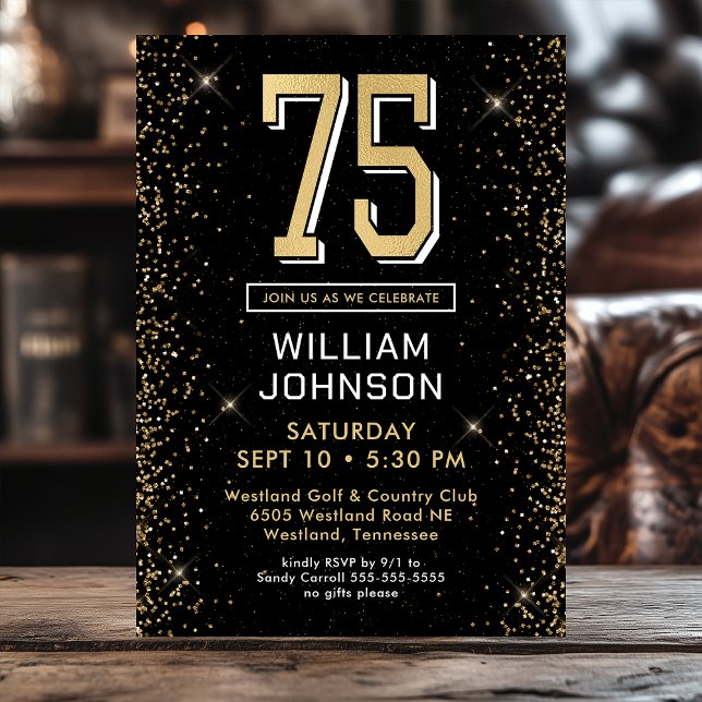 Modern Black 75th Birthday Photo Invitation (Creator Uploaded)
