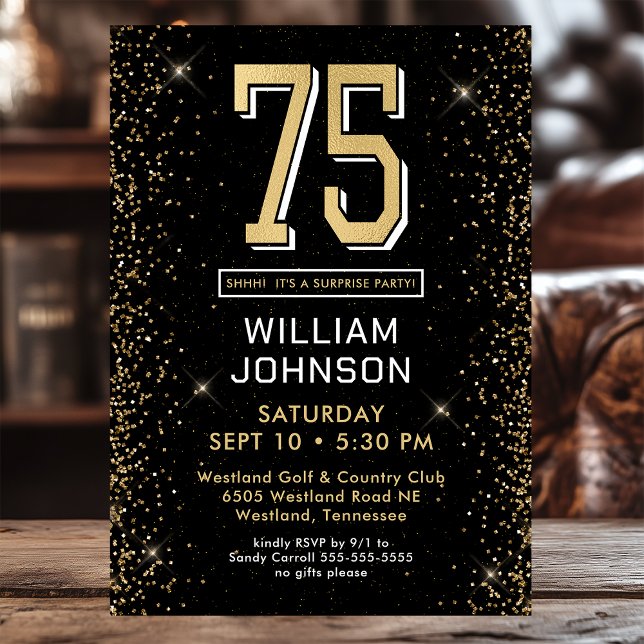 Modern Black 75th Birthday Surprise Party Invitation (Creator Uploaded)