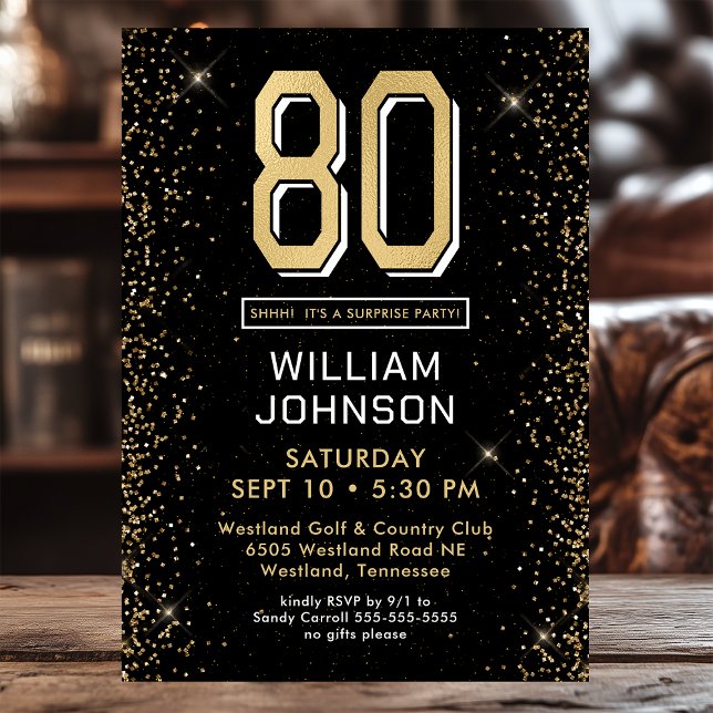 Modern Black 80th Birthday Photo Surprise Party Invitation (Creator Uploaded)