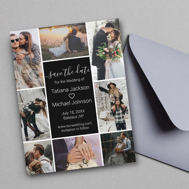 Modern Black 8 Photo Collage Save the Date Announcement Postcard (Creator Uploaded)