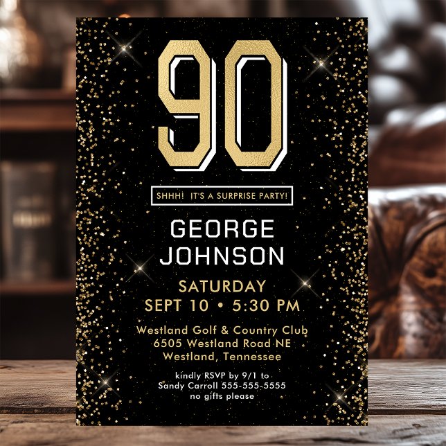 Modern Black 90th Birthday Surprise Party Invitation (Creator Uploaded)