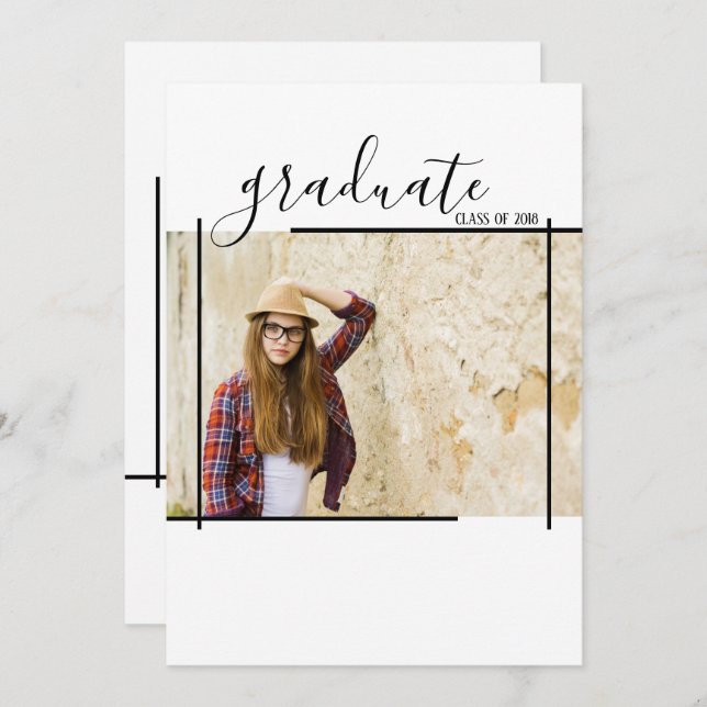 Modern Black Abstract Graduation Photo Invitations (Front/Back)