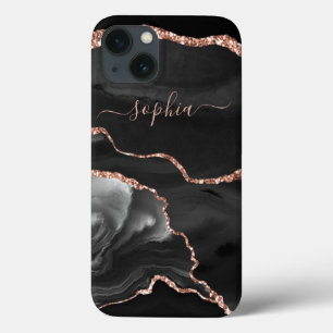 Modern Black Agate and Faux Rose Gold iPhone 13 Case