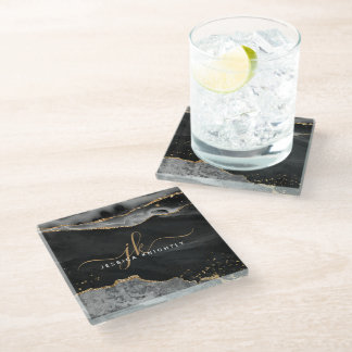 Modern Black Agate Gold Glitter Script Monogram Glass Coaster