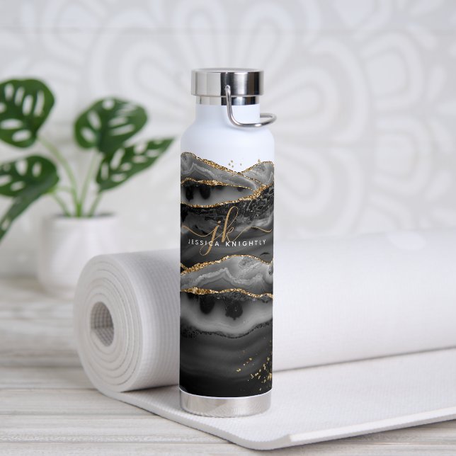 Modern Black Agate Gold Glitter Script Monogram Water Bottle (Yoga)