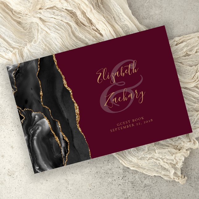 Modern Black Agate Gold Script Burgundy Guest Book (Creator Uploaded)