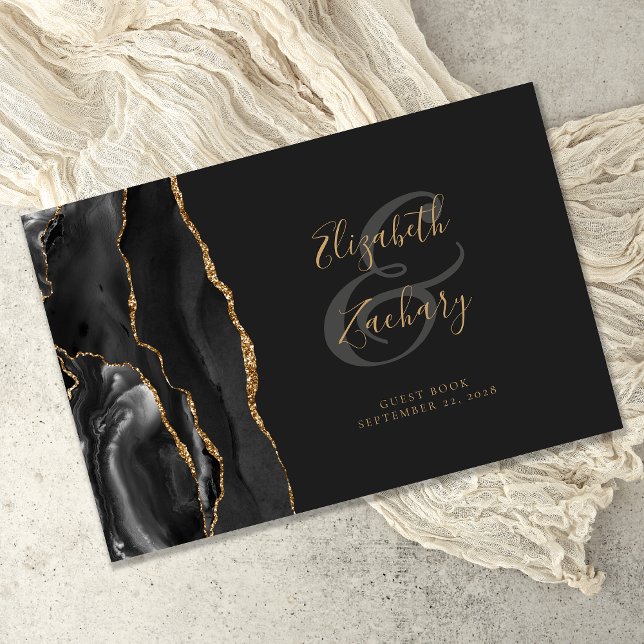 Modern Black Agate Gold Script Dark Guest Book (Creator Uploaded)