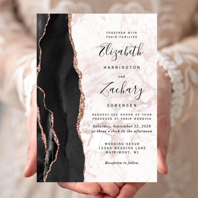 Modern Black Agate Rose Gold Marble Wedding Invitation (Creator Uploaded)
