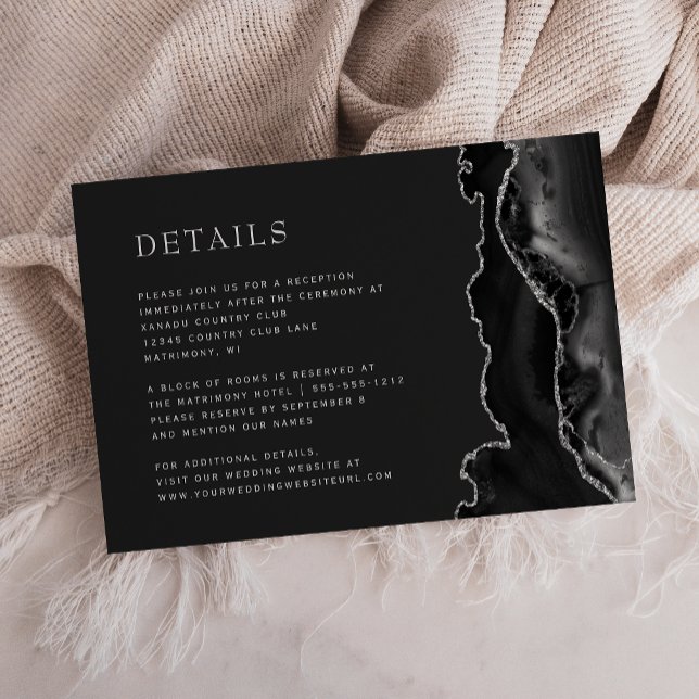 Modern Black Agate Silver Dark Wedding Details Enclosure Card (Creator Uploaded)