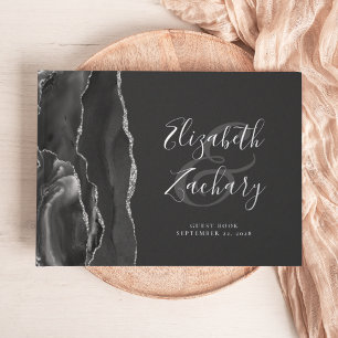 Modern Black Agate Silver Script Dark Guest Book