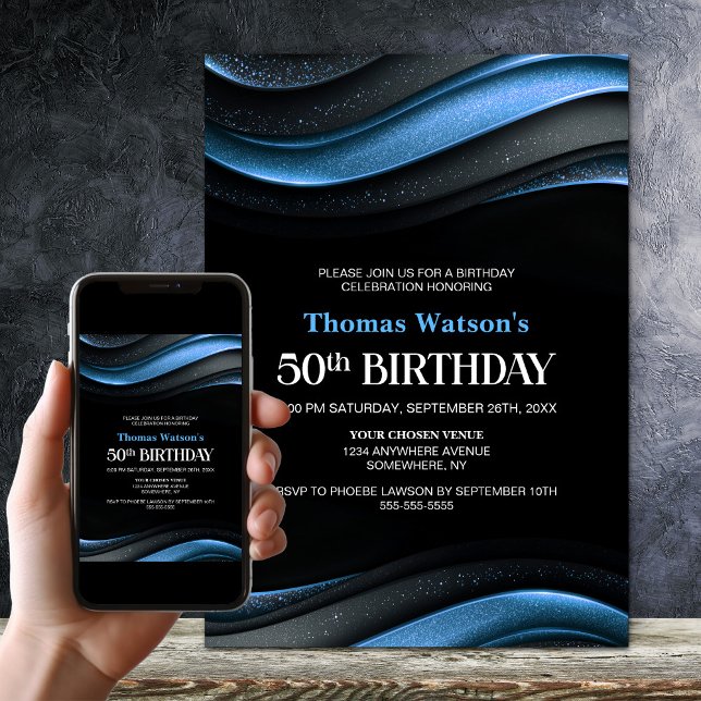Modern Black and Blue 50th Birthday Party Invitation (Creator Uploaded)