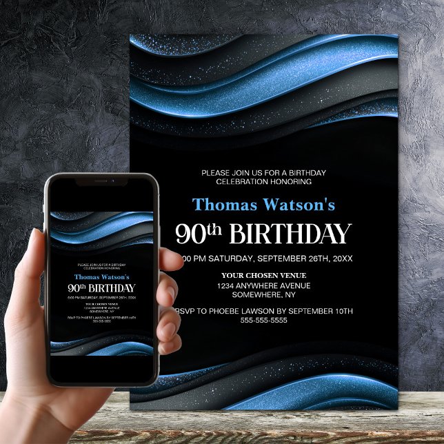 Modern Black and Blue 90th Birthday Party Invitation (Creator Uploaded)