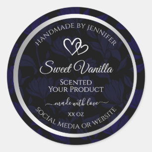 Modern Black and Blue Floral Product Labels Silver
