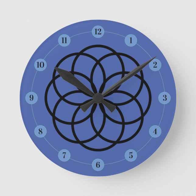 Modern Black and Blue Flower Design Round Clock (Front)