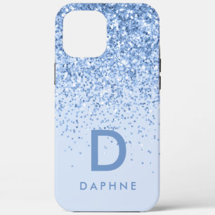 Modern black and blue glitter initial monogram iPhone 12 pro max case