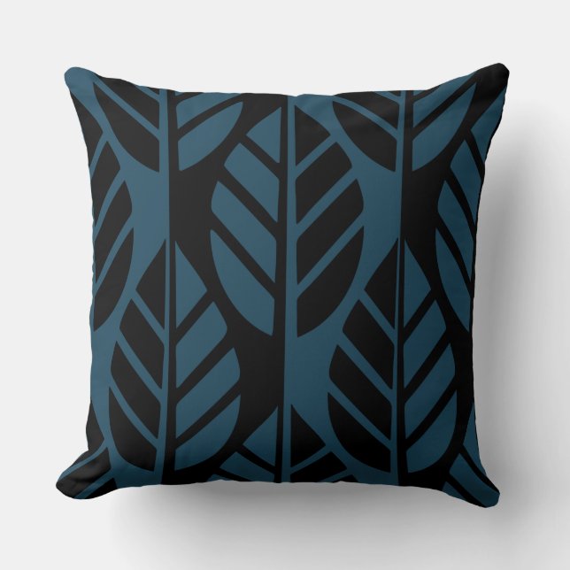 Modern Black and Blue Leaves Pattern Throw Pillow (Front)