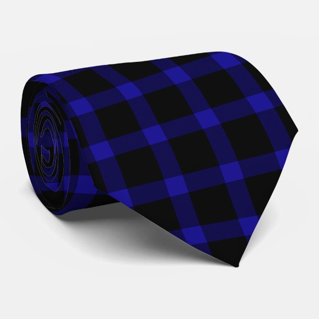 Modern Black and Blue Plaid Pattern Tie (Rolled)