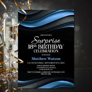 Modern Black and Blue Surprise 18th Birthday Party Invitation