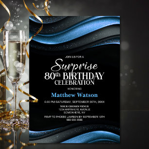 Modern Black and Blue Surprise 80th Birthday Party Invitation